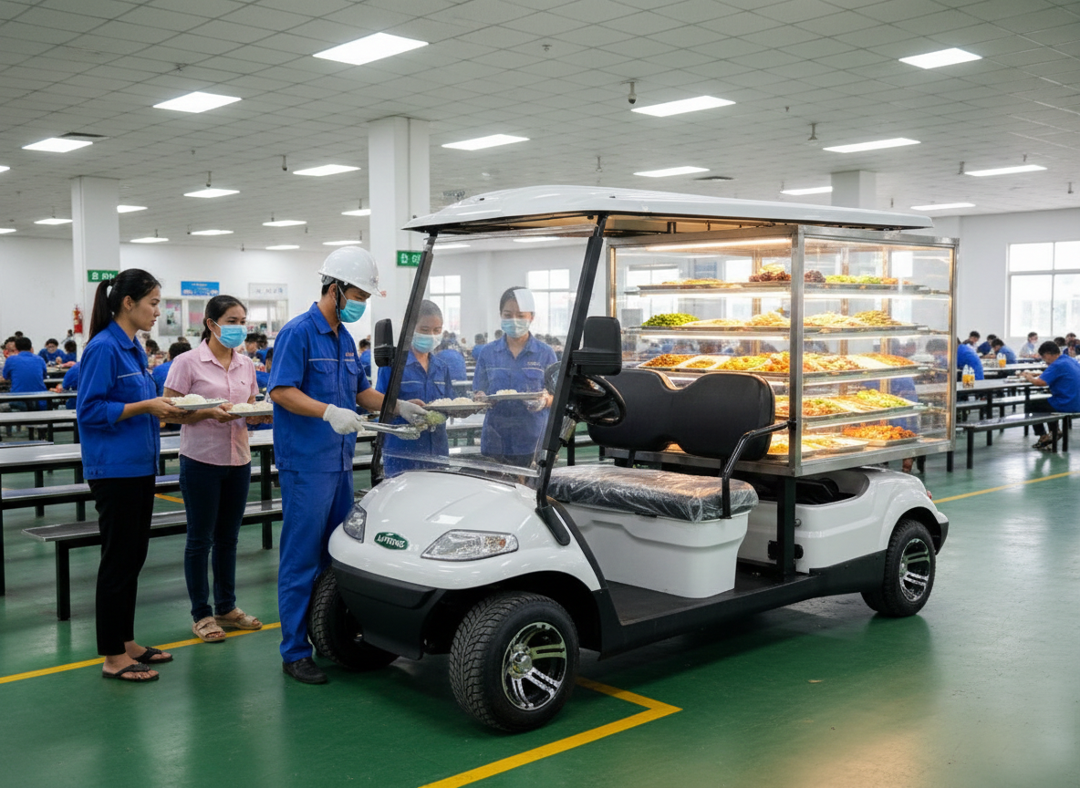 Xe điện chở cơm trong nhà máy, công ty, nhà ăn